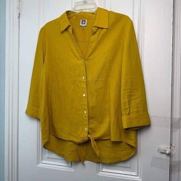 Anne Klein Top Womens Medium Mustard Yellow Button Front Linen Blend Coastal - Picture 1 of 6